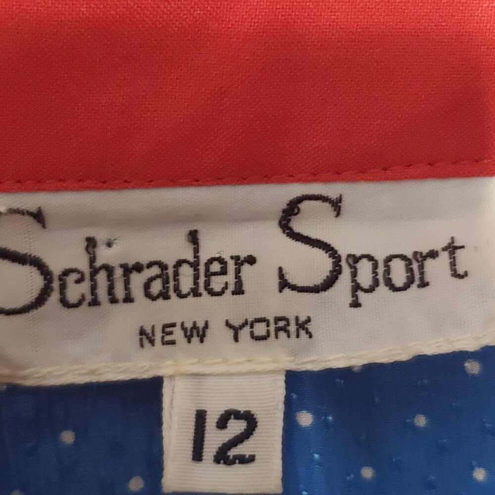 Vintage 80s Schrader Sport Blue Patterned Day Dress, Shirt Dress, 12 - Picture 7 of 8